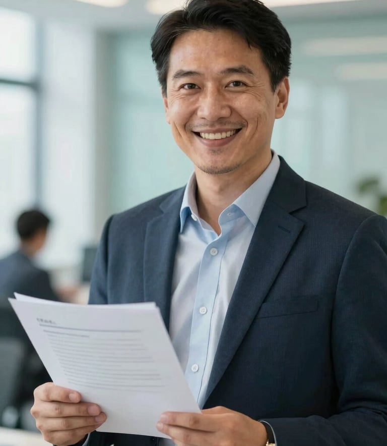 A close-up of a friendly and professional consultant holding a document and smiling towards the camera. The office setting is bright and modern, with soft blue tones (#B6DDE5) in the background. The lighting is warm and welcoming, reflecting a humanized service approach.