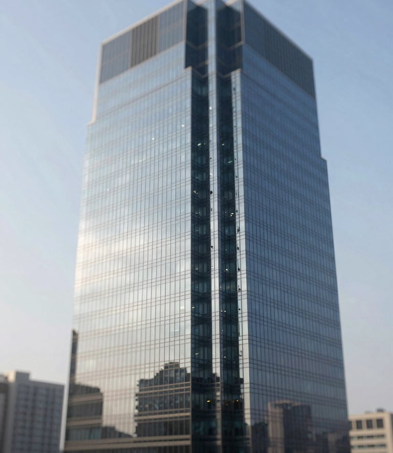 A sophisticated, high-angle shot of a modern glass skyscraper reflecting a clear sky, incorporating a palette of #0D1B2A and #778DA9. The lighting is crisp and professional, symbolizing forward-thinking corporate ambition.