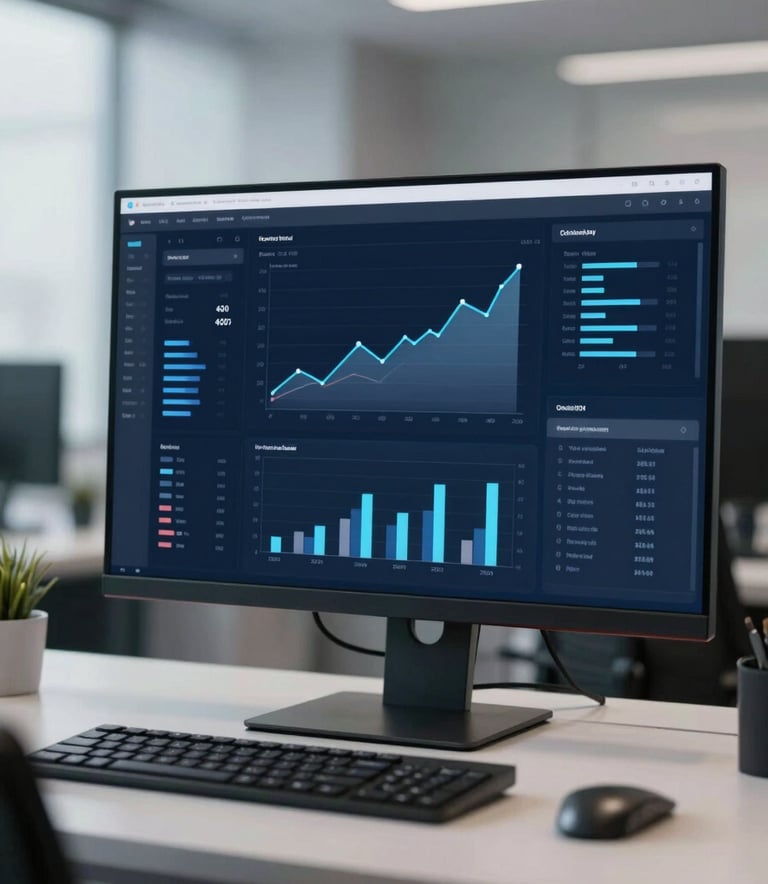 A professional environment showing a sleek, modern workstation with a large monitor displaying complex analytics and growth charts. The scene is lit with cool, authoritative tones of #1B263B and #778DA9, exuding confidence and technical expertise in a clean, high-end office.