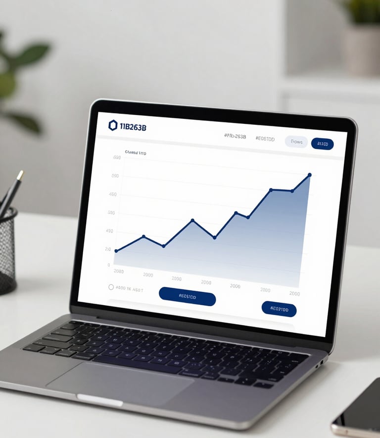 A minimalist, modern workspace with a tablet showing financial growth charts. The aesthetic is clean and sophisticated, using the palette colors #1B263B and #E0E1DD to suggest a focus on performance optimization.