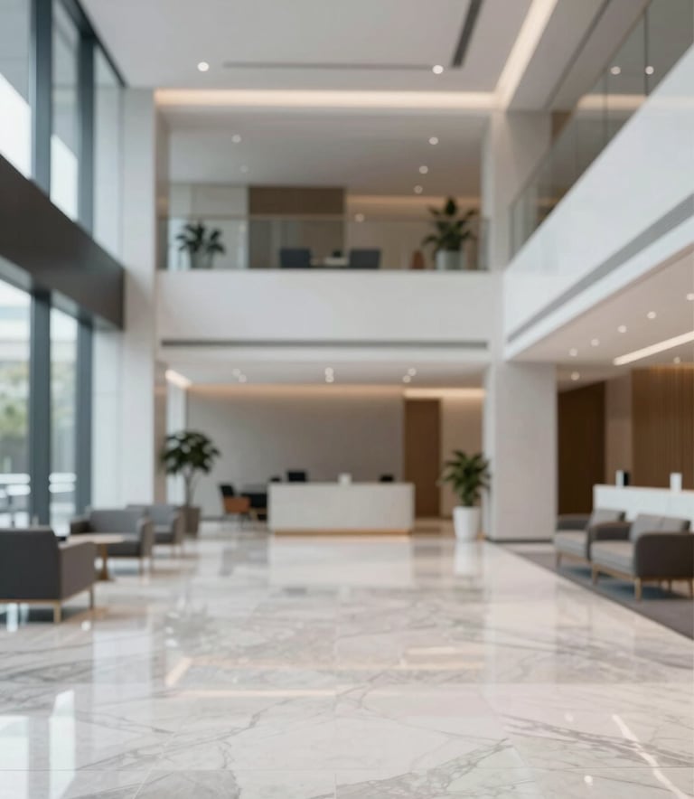 A wide, sophisticated view of a contemporary office foyer with polished marble floors and minimalist furniture. The color palette features #0D1B2A and #E0E1DD, creating a clean, forward-thinking atmosphere that inspires trust and professional excellence.
