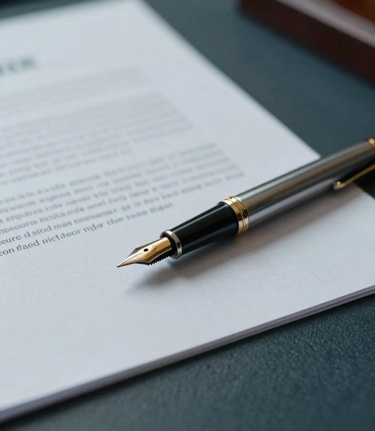 A close-up of a legal desk with a fountain pen and documents, accented with dusty blue-grey and dark charcoal teal tones, emphasizing professional rigor.