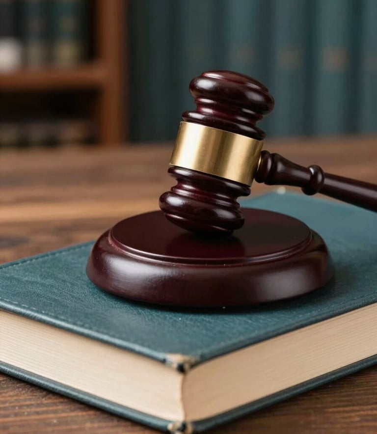 Close-up photography of a legal gavel resting on a Muted Slate Teal leather-bound book. The background is a blurred law library with hints of Dark Charcoal Teal wood. Natural, soft lighting highlights the texture of the wood.