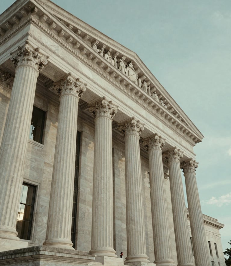A low-angle shot of a courthouse exterior with grand stone columns under a soft, muted sage teal sky, reflecting authority and principled law.