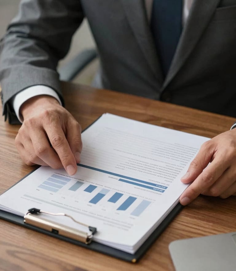 A close-up photograph of a professional in a tailored suit reviewing a clean, minimalist financial report on a high-end wooden desk, North American corporate setting.