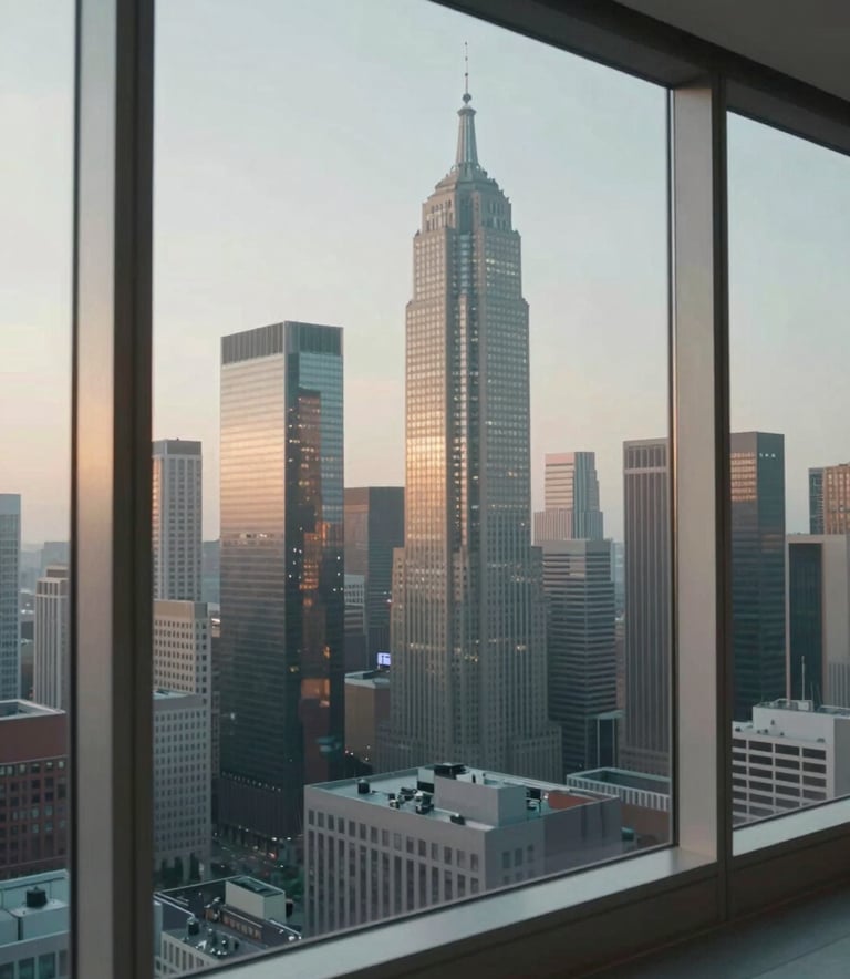 A high-angle photography shot of a sleek North American city skyline through a pristine floor-to-ceiling glass window, soft morning light, reflecting a sense of peace and professional success.
