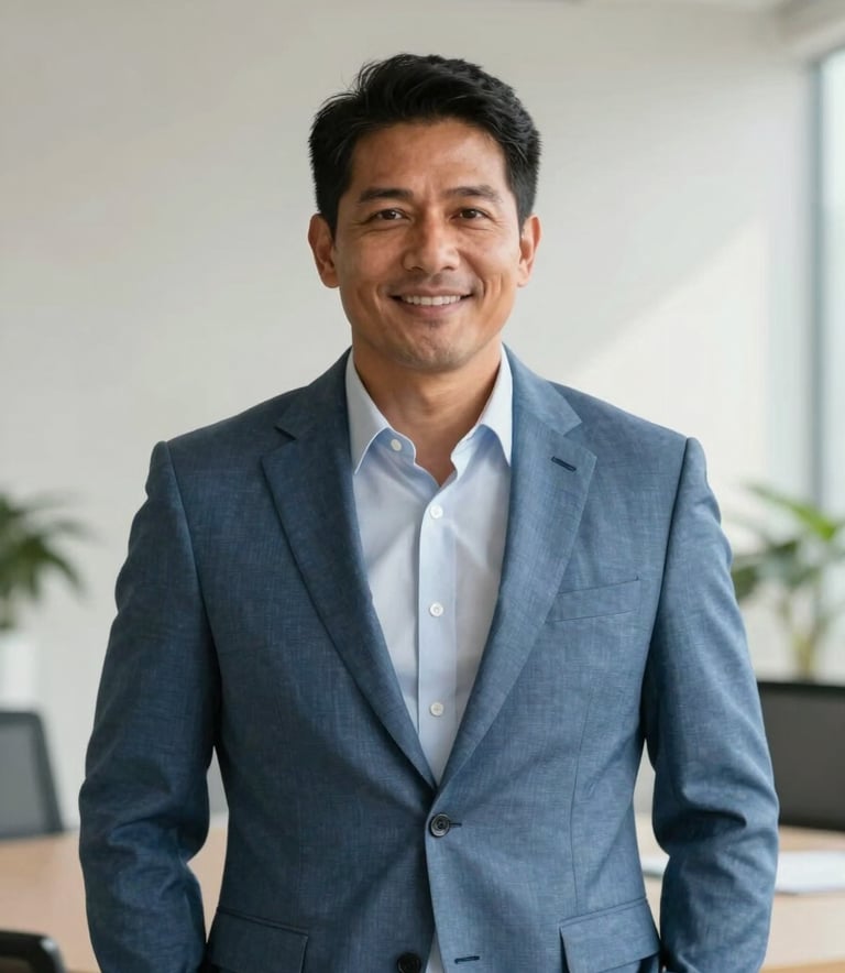 A professional portrait of a confident wealth manager in a Slate Blue suit, standing in a bright, modern office with a minimalist Off-white background, capturing a trustworthy and approachable North American persona.