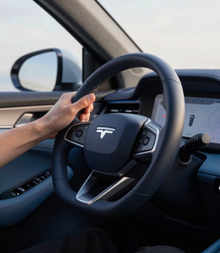 A close up of a modern car dashboard and steering wheel, professional driver's hands visible, soft morning light, interior accents in Deep Navy and Ocean Blue, high-tech and clean feel.