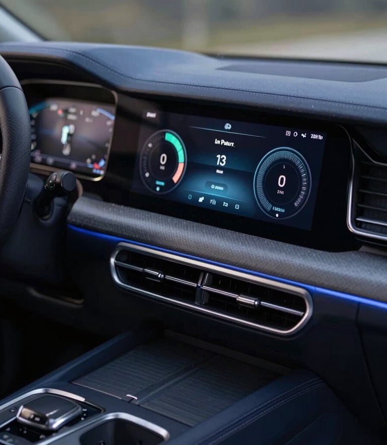 Close-up of a modern car dashboard with a high-tech interface, showing efficiency metrics, in a dark navy blue interior with soft light blue accents.