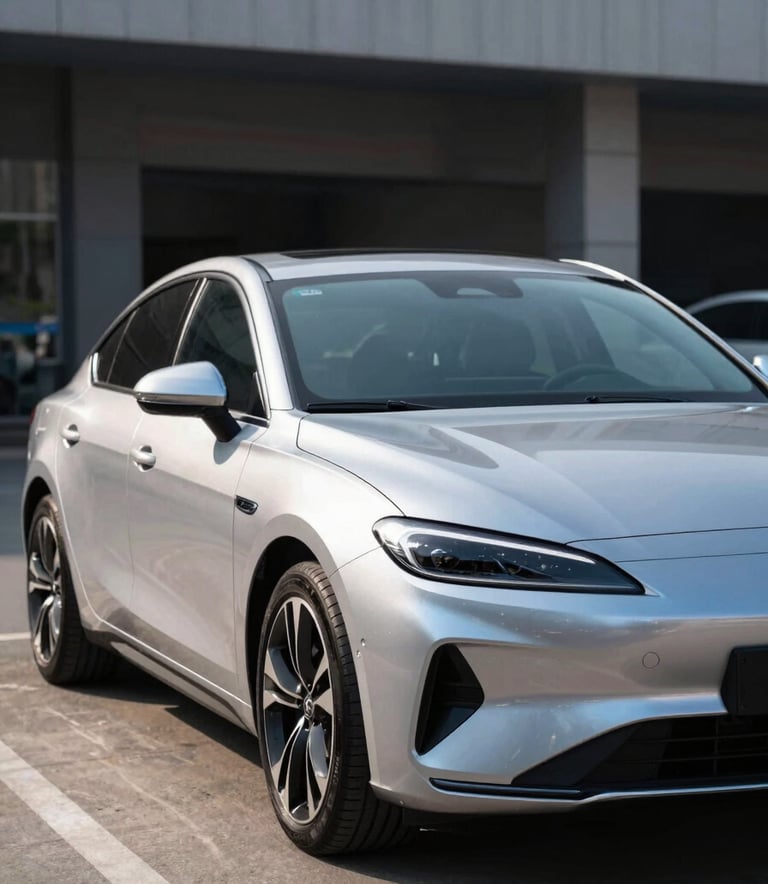 A modern silver sedan parked in a clean urban setting during daylight, professional photography, featuring Sky Blue highlights and Pearl White reflections on the car body, sharp focus, sleek aesthetic.
