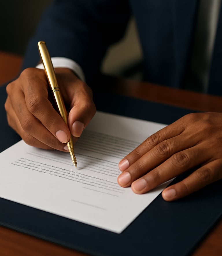 Close-up of a South Asian / Indian professional's hands holding a gold pen, signing a document on a dark navy blue desk pad, professional and clean aesthetic.