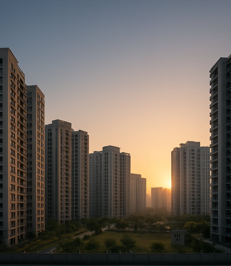 A wide-angle professional photograph of a modern Indian residential high-rise complex at sunrise, with soft gold and slate blue lighting, representing urban growth and security.