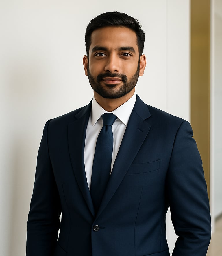 A professional South Asian / Indian man in a navy blue business suit standing confidently in a bright, modern corporate office in India. The background is a clean white wall with a hint of a gold architectural detail, shot in a professional photography style.