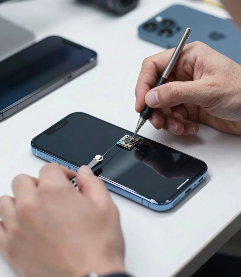 A close-up photograph of a professional technician's hands using precision tools to repair a modern smartphone screen inside a well-lit mobile workshop. The setting is clean and minimalist with Deep Midnight Blue and Slate Blue accents. Northern European / Baltic setting.