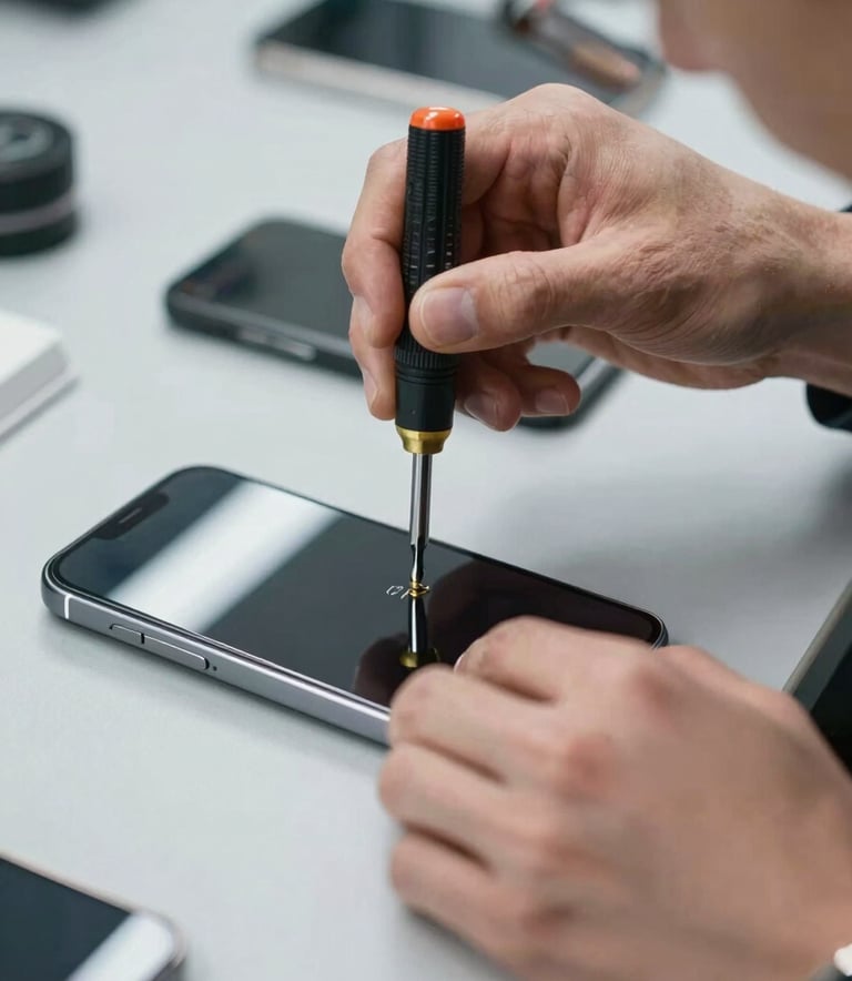 A close-up photograph of a professional technician's hands using a small precision screwdriver to assemble a high-end mobile phone on a light grey workbench. The lighting is clean and bright, reflecting a modern laboratory style in Northern Europe.
