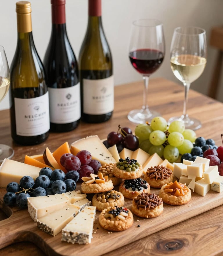 Gourmet charcuterie board with artisan shortbreads, aged cheeses, fresh fruit and wine pairings from