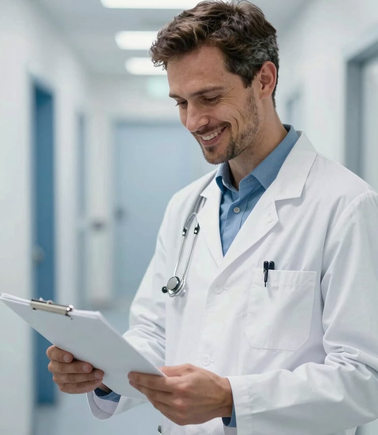 A professional Western European healthcare practitioner in a white lab coat smiling reassuringly while reviewing charts in a bright, modern corridor with soft blue accents.