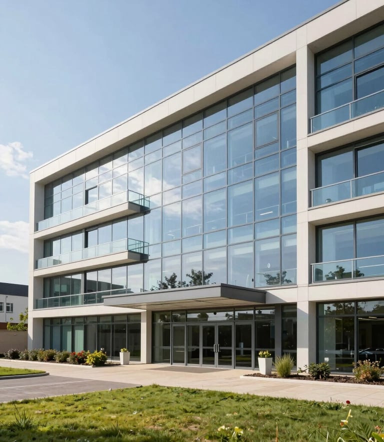 Wide-angle architectural photography of the modern exterior of a private healthcare clinic in Centre-Val de Loire, France. Bright daylight, clean glass facade reflecting a light blue sky, manicured entrance, professional and trustworthy atmosphere.