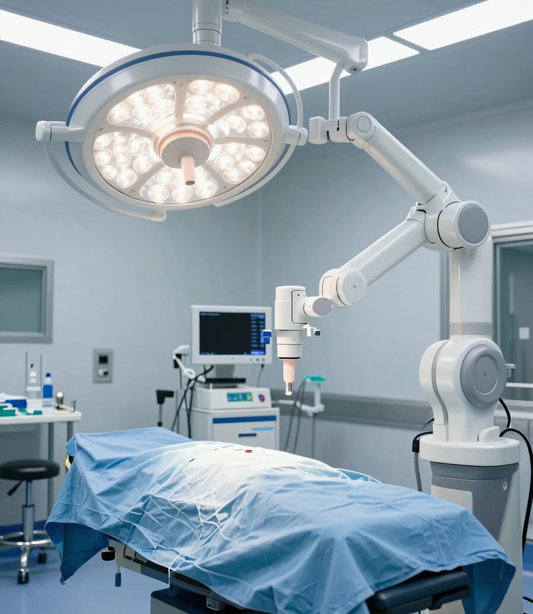 A clean and high-tech surgical operating room in a Western European hospital, featuring modern medical lighting and advanced robotic surgery equipment, clinical blue and white color palette, professional atmosphere.