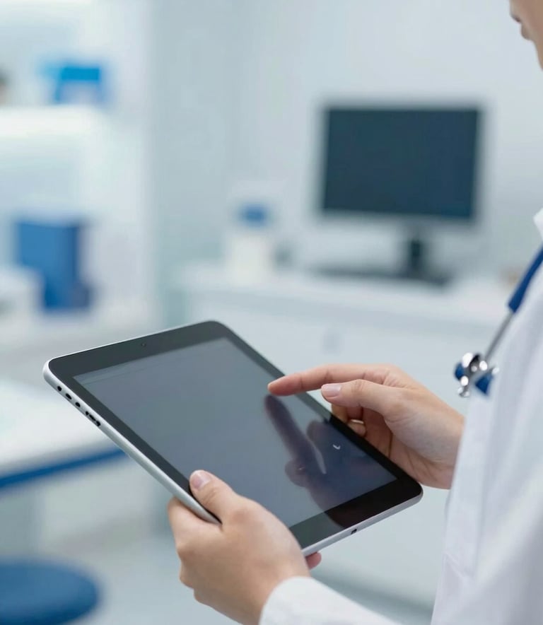 A close-up of a healthcare professional's hands holding a digital tablet in a bright, modern medical office in a Western European / French setting. The background is soft-focused with primary blue and white accents, suggesting a clean and reassuring clinical environment.