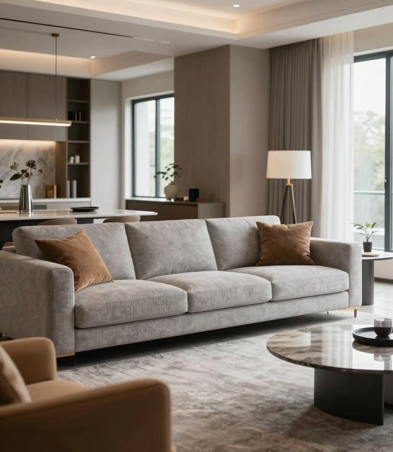 A professionally photographed North American living room featuring sophisticated modern furniture in light gray and tan. The composition uses soft natural light and highlights high-end architectural textures and clean lines.