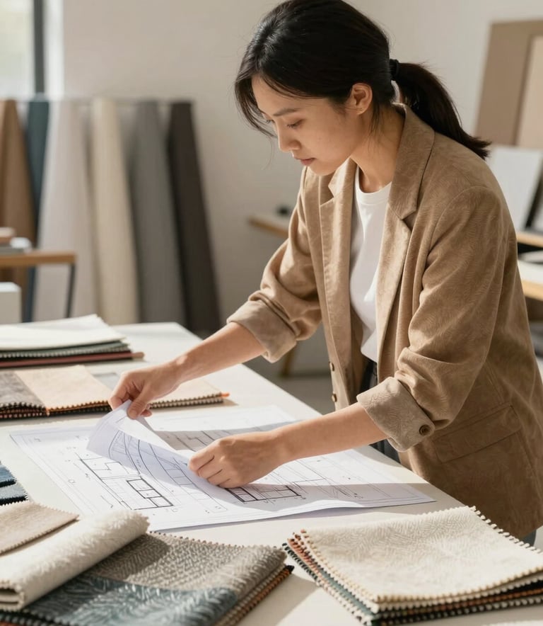 A professional interior designer in a North American studio setting, meticulously reviewing 2D architectural blueprints and high-end textile swatches. The scene is lit with natural daylight, featuring a palette of warm tan and soft white.