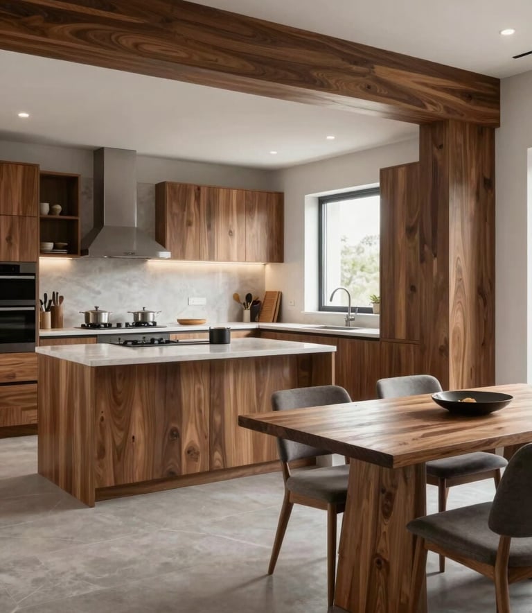 An interior shot of a contemporary open-concept home with a focus on the kitchen and dining area. The design features a blend of warm brown wood accents and light gray surfaces, shot in high-definition photography style.