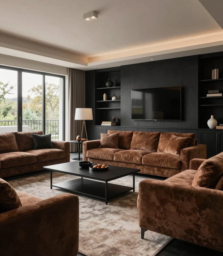 A wide-angle photography shot of a luxury North American living room, showcasing a high-end interior layout with charcoal black accents and earthy cocoa furniture. The composition is balanced and elegant, lit by soft afternoon light.