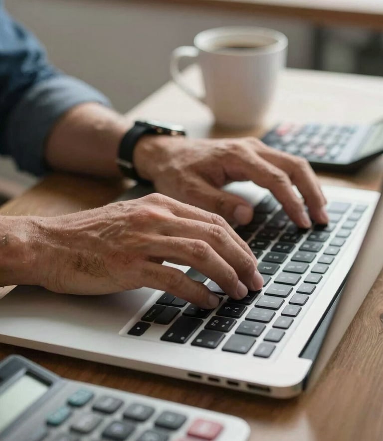 A close-up of a person's hands typing on a laptop with a calculator and coffee mug nearby in a modern North American / US Hispanic office environment, symbolizing efficient bookkeeping and payroll services.