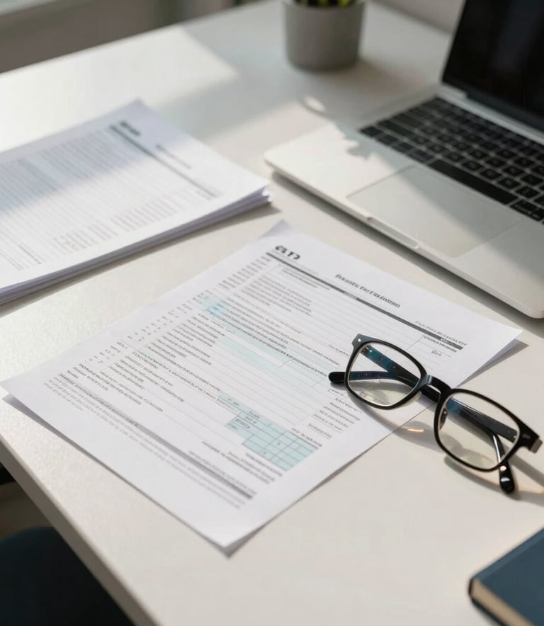 A professional desk setting in a sunlit North American / US Hispanic office, showing organized tax documents, a laptop, and a pair of reading glasses, projecting a sense of order and trust. The atmosphere is warm and welcoming with soft steel blue and off-white accents.