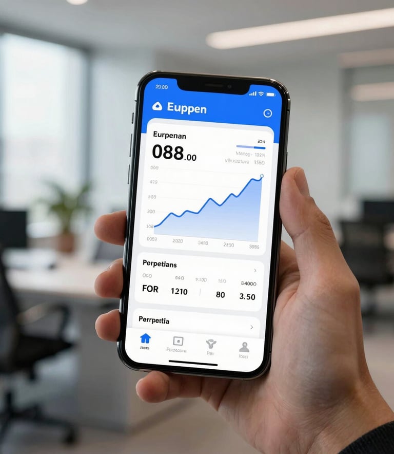Macro photography of a high-end smartphone screen displaying a minimalist financial dashboard with blue accents, held by a professional in a modern European office, soft natural lighting.
