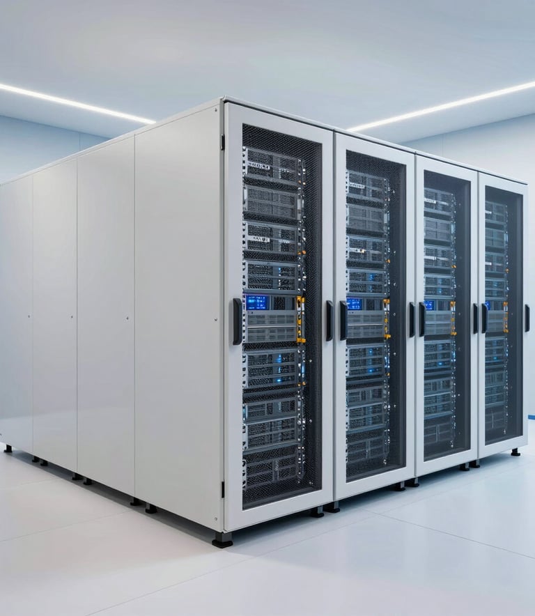 Wide shot of a minimalist, high-tech server room in a European data center, clean off-white and light blue lighting, futuristic atmosphere, sharp focus photography.