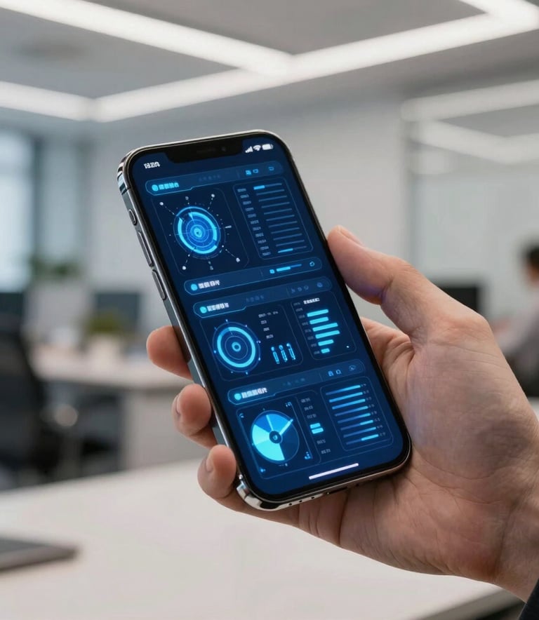 A close-up of a high-end smartphone displaying a futuristic dashboard with glowing blue and light blue data visualizations, held by a professional in a modern European office setting.