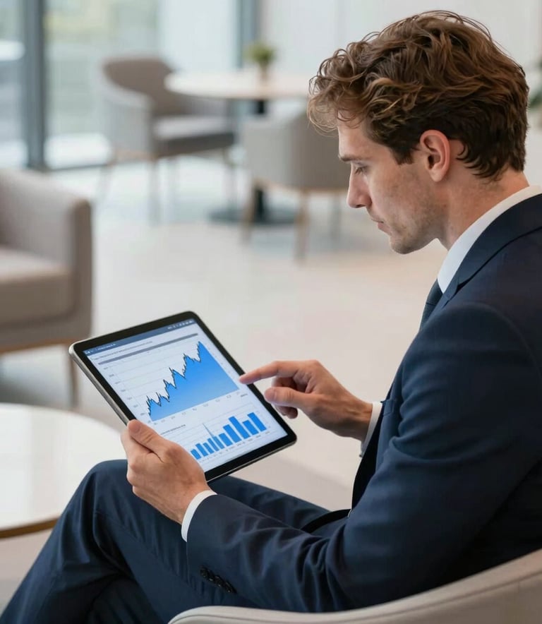 A professional in European business attire sitting in a bright, modern lounge, focused on a tablet screen showing financial growth charts in blue and white.