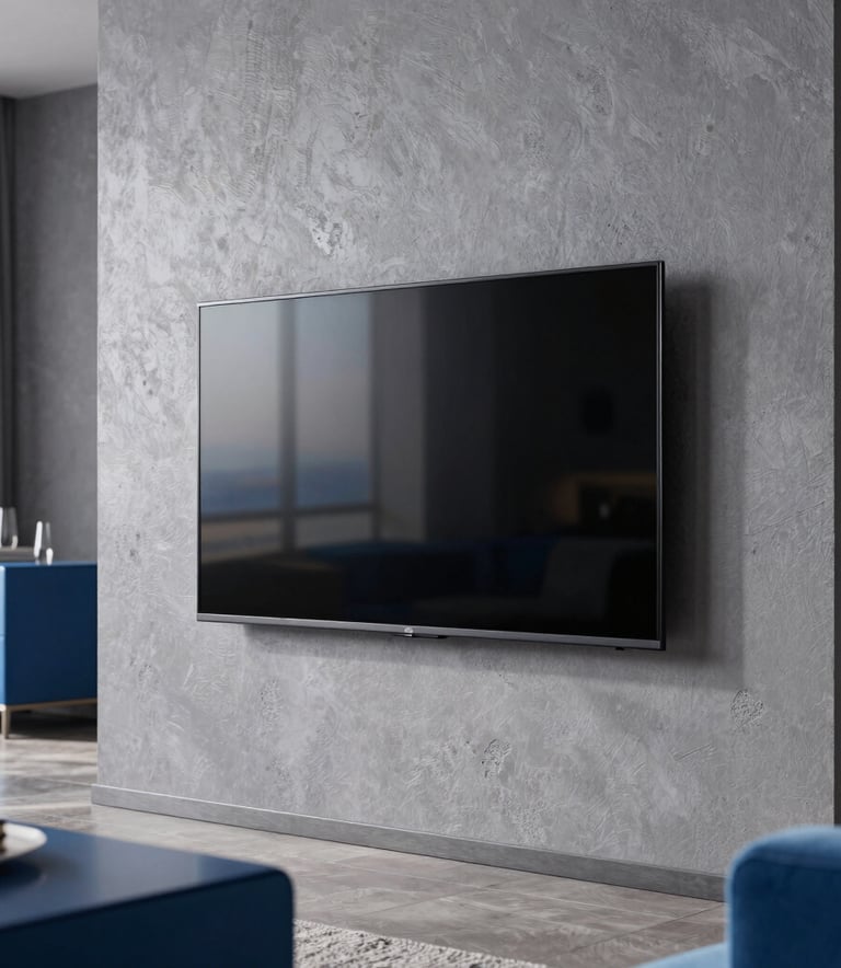 A sleek, ultra-thin LED TV mounted on a textured grey wall in a modern Dubai apartment. The screen shows a sharp, high-definition image. The room is decorated with steel blue and ice blue furniture.