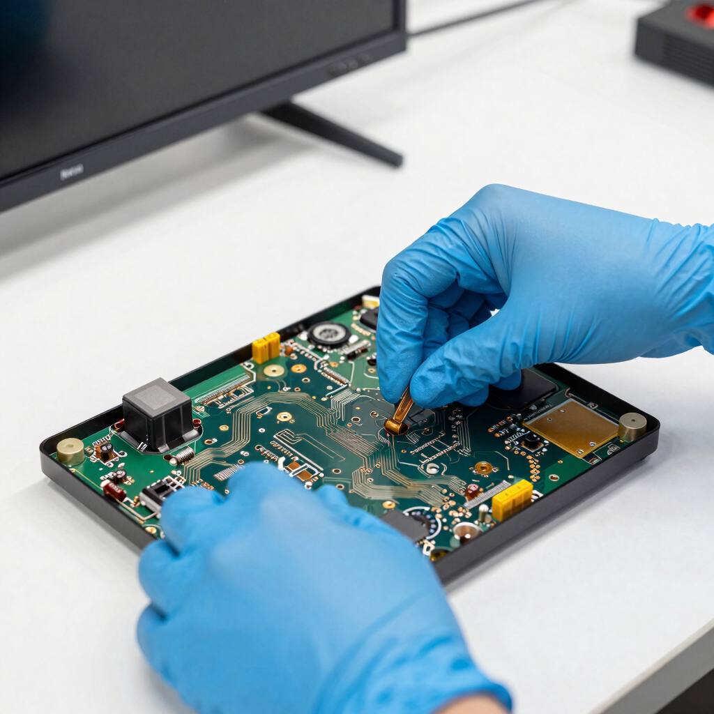 A macro photograph of a professional technician's hands wearing blue static-safe gloves, carefully working on the internal circuitry of a smart TV. Middle Eastern workshop setting, bright white lighting, clean and technological feel.
