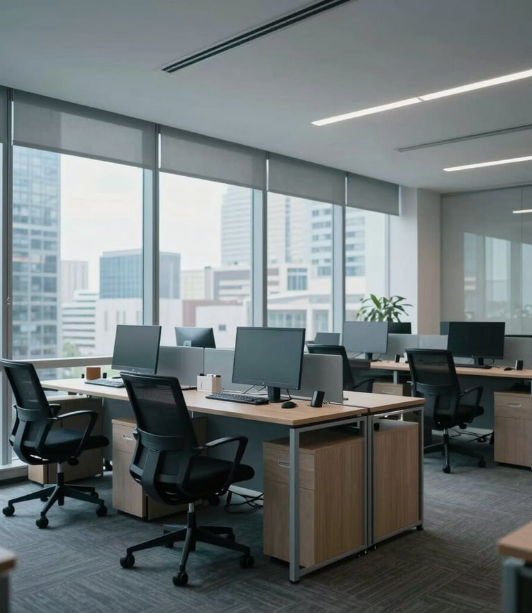 A clean, modern office interior in a South American business district with professional workstations and ergonomic chairs, natural light coming through large windows, soft blue and gray tones.