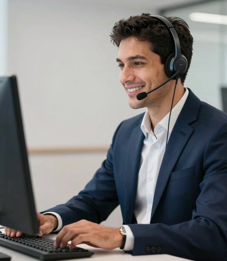 A professional individual in a South American / Brazilian business environment wearing a modern headset and smiling, focused on a computer screen, clean lighting, navy blue and white corporate colors.