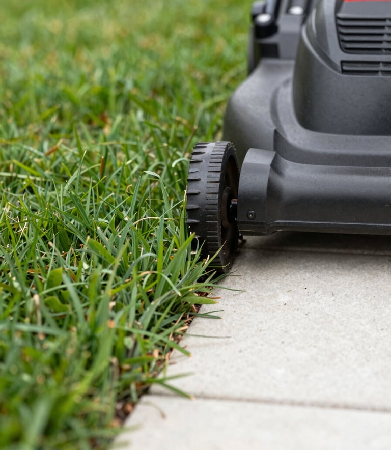 A close-up, low-angle shot of a professional lawn mower blade cleanly cutting through vibrant leafy green grass, with a sharp edge being created against a bone white stone walkway.