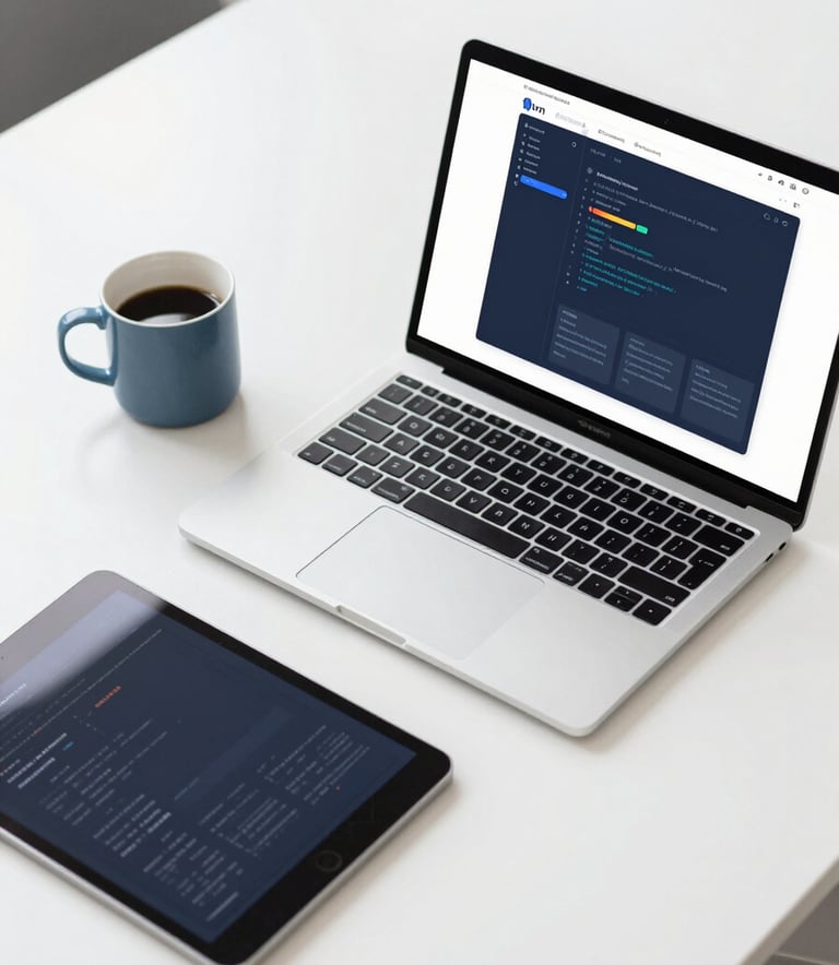 A top-down view of a modern workspace with a laptop, a coffee cup, and a tablet showing a visual programming interface. The scene is bright and airy with a professional Apple-inspired atmosphere, featuring a clean white desk and muted slate blue accents.