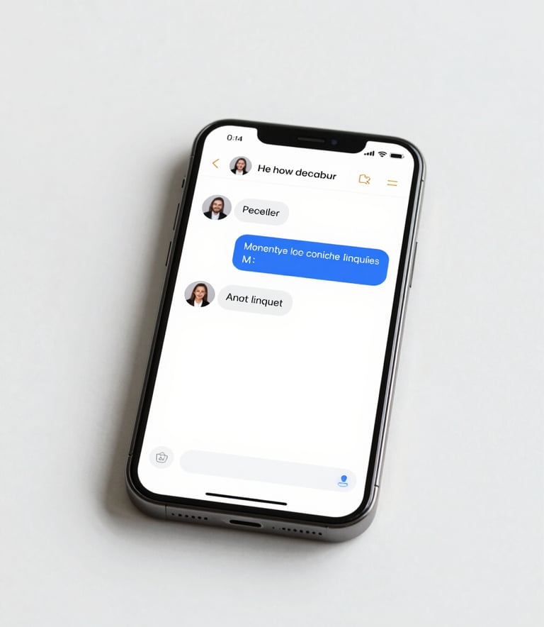 A high-end smartphone on a white surface displaying a sleek chat interface where an AI agent is instantly replying to complex client inquiries. The lighting is bright and clean, reflecting a professional Apple-style aesthetic with subtle golden copper accents in the UI design.