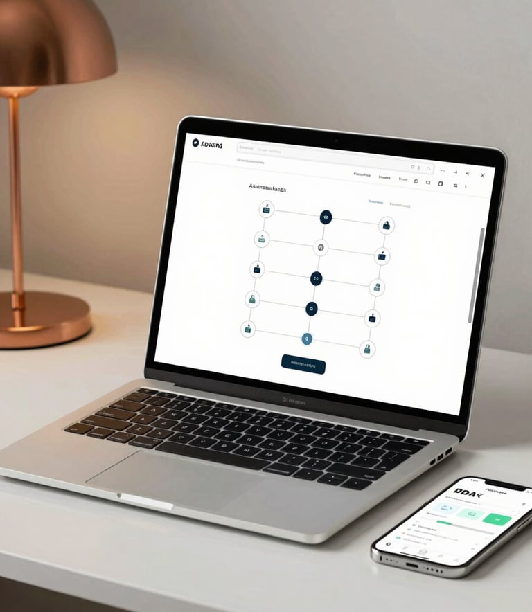 A high-end, minimalist workspace featuring a silver laptop and a smartphone. The screen displays a simple, clean AI automation workflow interface with node connections. Soft lighting with golden copper #8D6C4F accents in the decor, embodying a sophisticated tech-meets-accessibility vibe.