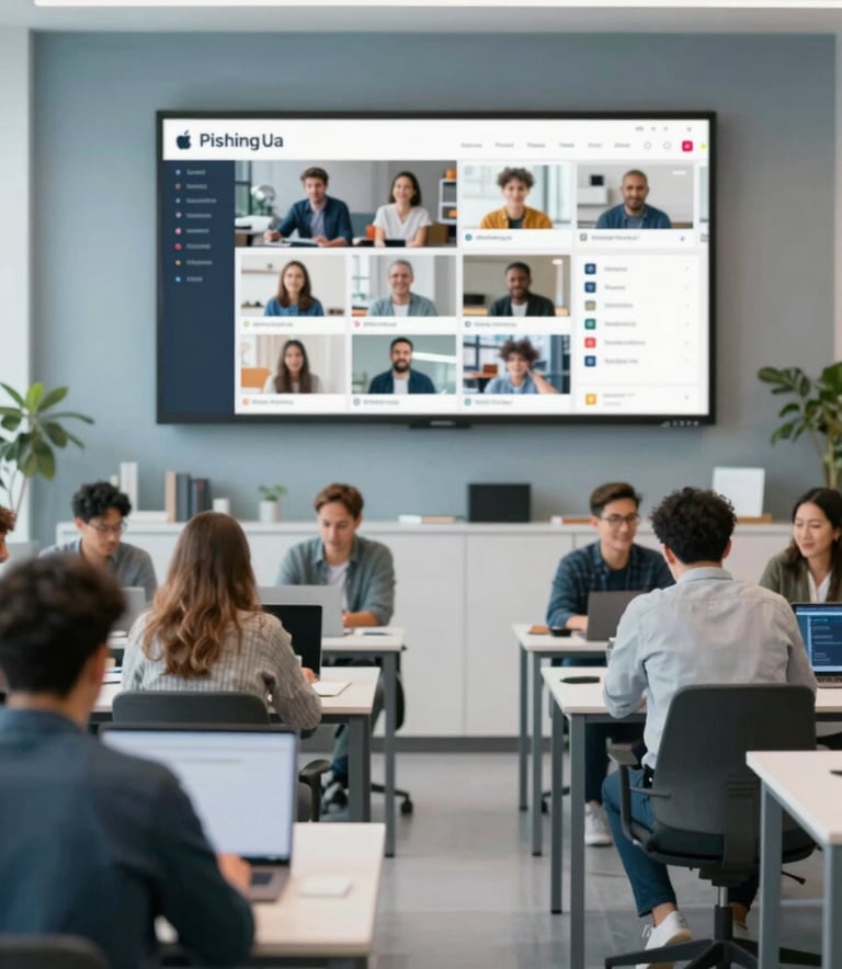 A vibrant, modern co-working space where people of diverse backgrounds are collaborating. A large screen in the background shows a live feed of a thriving online community dashboard. The lighting is bright and airy in an Apple-style aesthetic, incorporating clean lines and subtle #5C7C8B slate blue tones in the furniture.