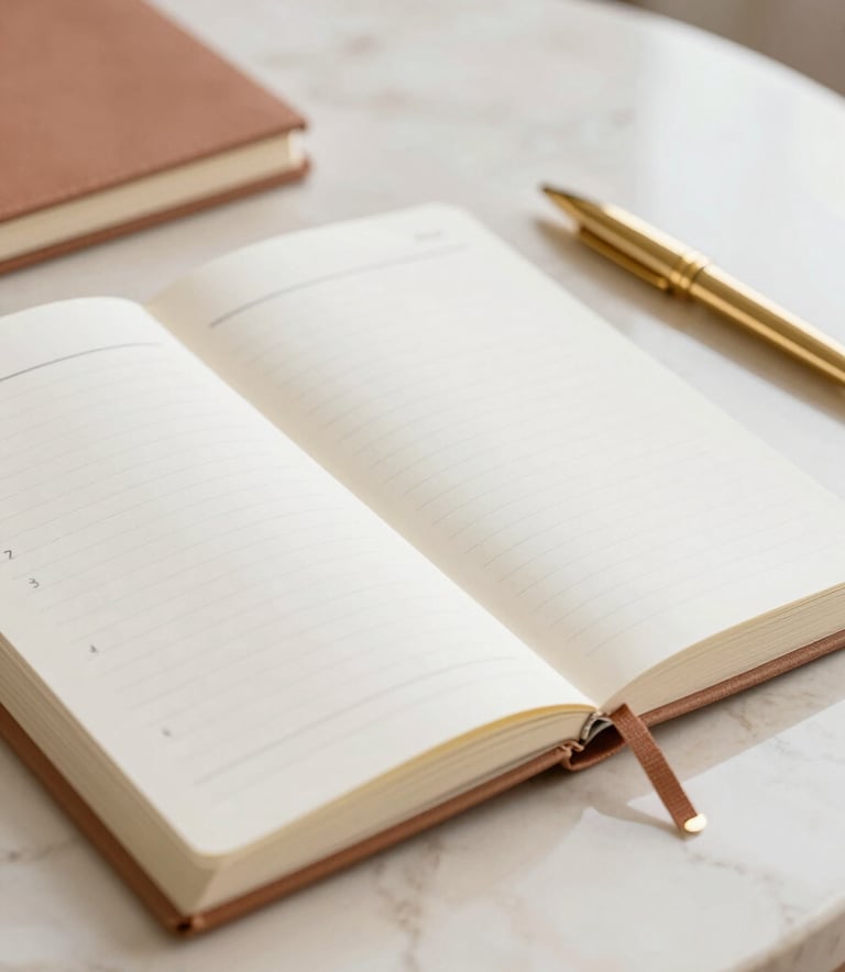 Sophisticated close-up of a high-end designer planner and a sleek gold pen resting on a cream-colored marble desk. The lighting is soft and natural, emphasizing a premium and organized professional atmosphere. Accents of #b5957a terracotta in the stationery.