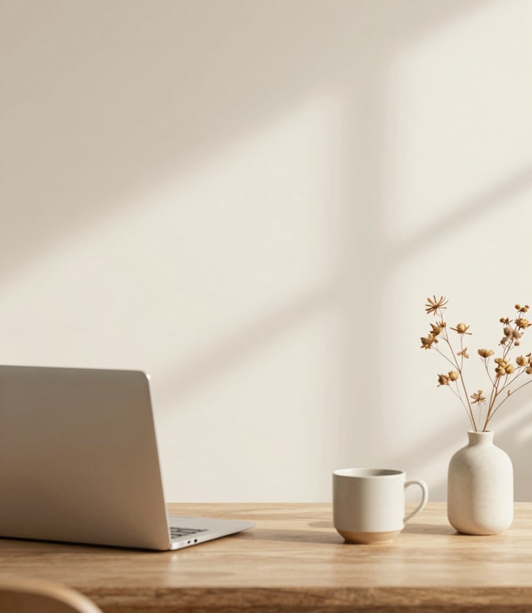 Minimalist and elegant home office setup featuring a laptop on a wooden desk, a ceramic cup, and a small vase with dried flowers. The color palette is warm cream #EADED4 and ivory #FAF7F5 with soft shadows.