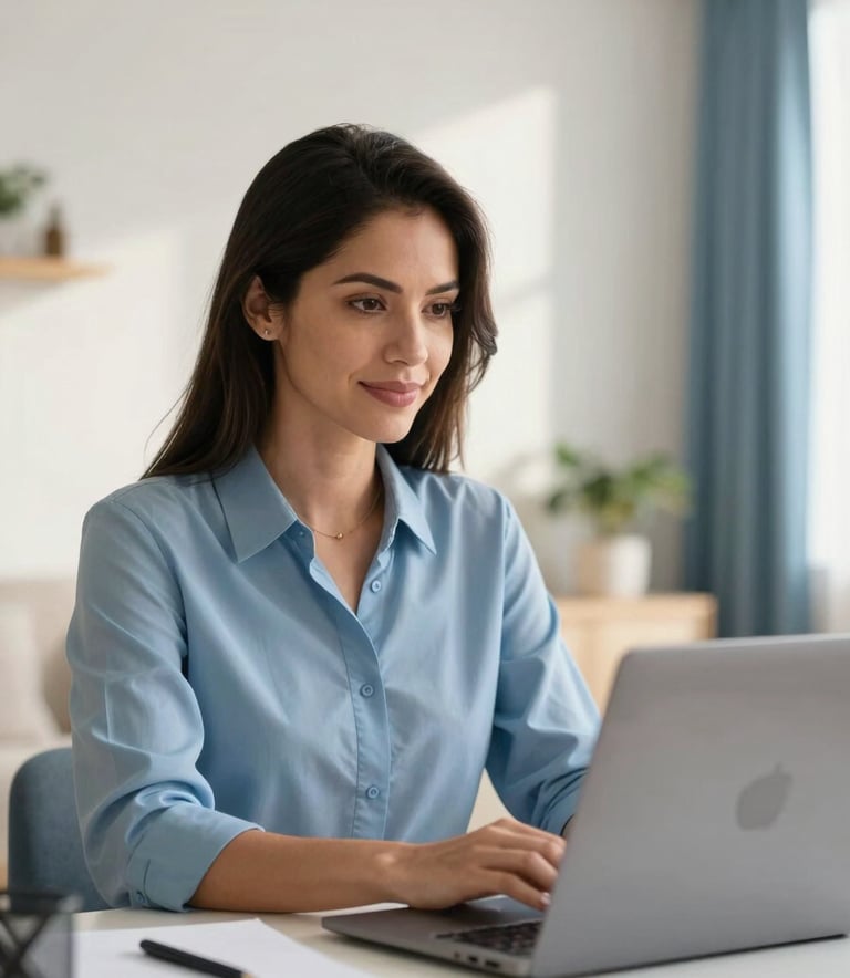 Professional South American woman in a bright home office, looking confidently at a laptop screen, soft morning light, interior design featuring palette colors off white and medium blue.