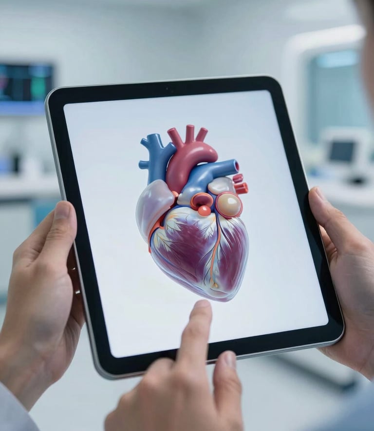 Close-up of hands using an AR tablet to view a detailed, translucent 3D model of a human heart in a bright, futuristic medical training room. Soft focus, royal blue accents, North American / Global context.