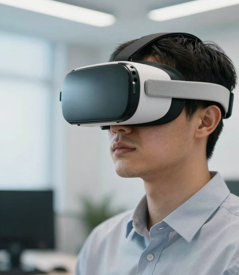A close-up photograph of a professional in a modern North American office setting, wearing a high-tech VR headset. The scene is illuminated by cool sky blue and off-white light, creating a clean, futuristic, and focused atmosphere.