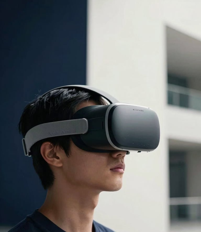 A side-profile photography shot of a person wearing a VR headset, looking towards a bright future. The background is a sleek, modern architectural space with deep navy and off-white colors, representing innovation in North America.