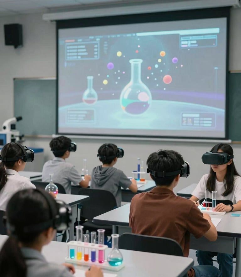 Students in a futuristic classroom setting, wearing VR goggles and observing a virtual chemistry experiment with floating particles and glowing test tubes. Wide shot, clean lines, North American / Global context.